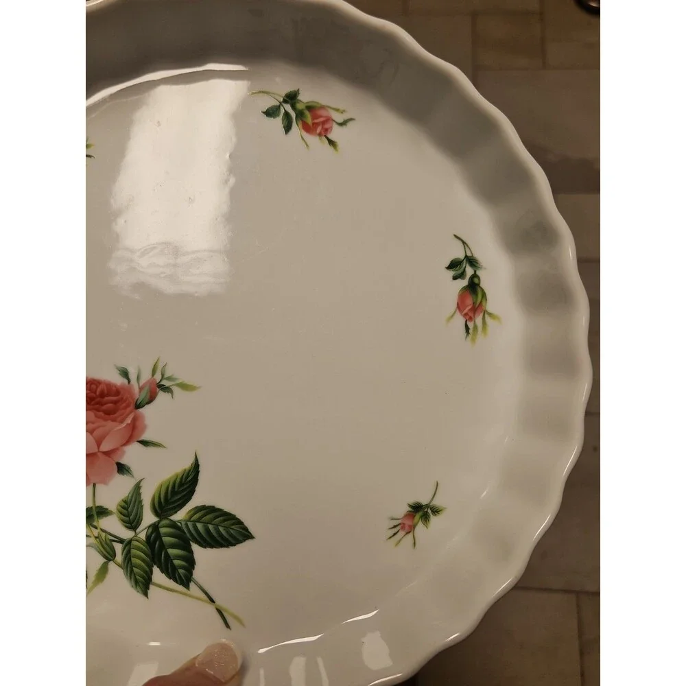 Vintage Christineholm Porcelain Rose Pie/Quiche Baking Dish w/ Scalloped edges